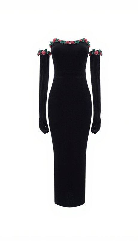 NILO FLOWER SEQUIN VELVET DRESS WITH GLOVES