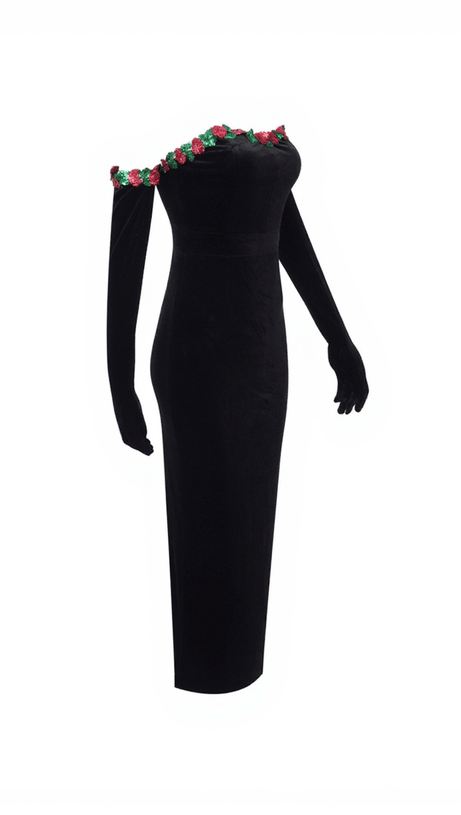 NILO FLOWER SEQUIN VELVET DRESS WITH GLOVES
