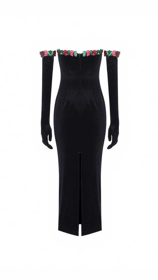 AIIZIE NILO FLOWER SEQUIN VELVET DRESS WITH GLOVES - product image