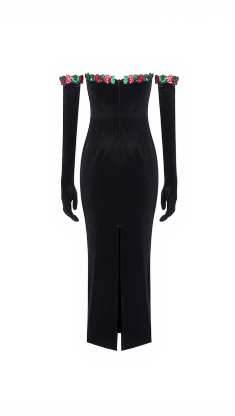 NILO FLOWER SEQUIN VELVET DRESS WITH GLOVES