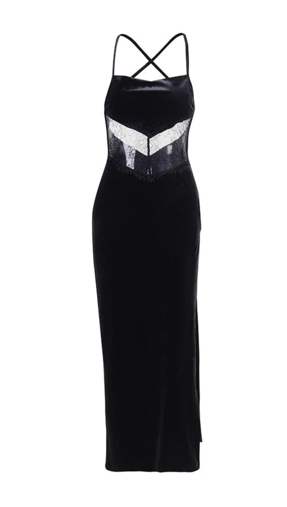 ABITO LUNGO IN VELLUTO NERO CON PIZZO PATCHWORK E SCOLLO A V