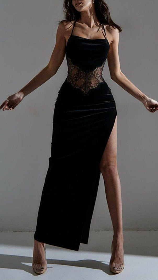 AIIZIE BLACK VELVET PATCHWORK LACE HALTER MAXI DRESS - product image