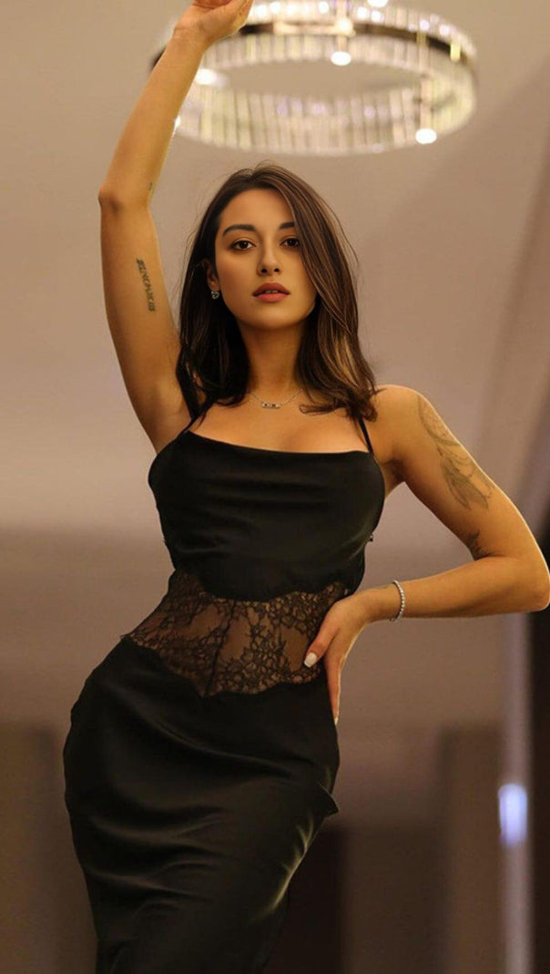 AIIZIE BLACK VELVET PATCHWORK LACE HALTER MAXI DRESS - product image