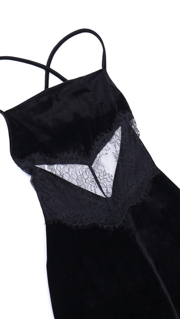 AIIZIE BLACK VELVET PATCHWORK LACE HALTER MAXI DRESS - product image