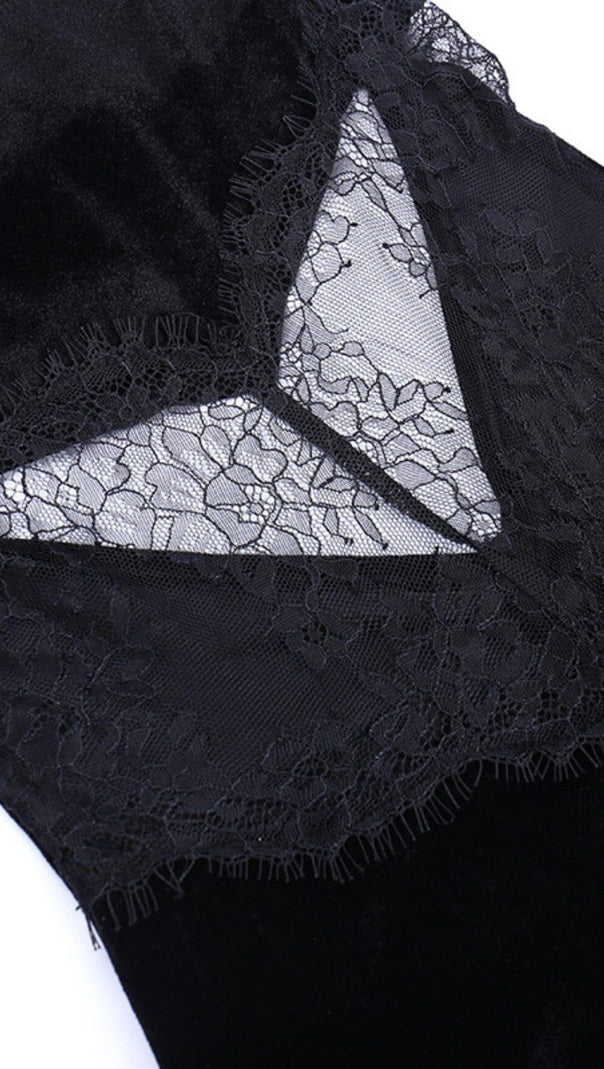 AIIZIE BLACK VELVET PATCHWORK LACE HALTER MAXI DRESS - product image