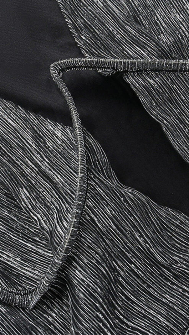 AIIZIE BLACK SILVER SILK DEEP V-NECK HIP WRAP MIDI DRESS - product image