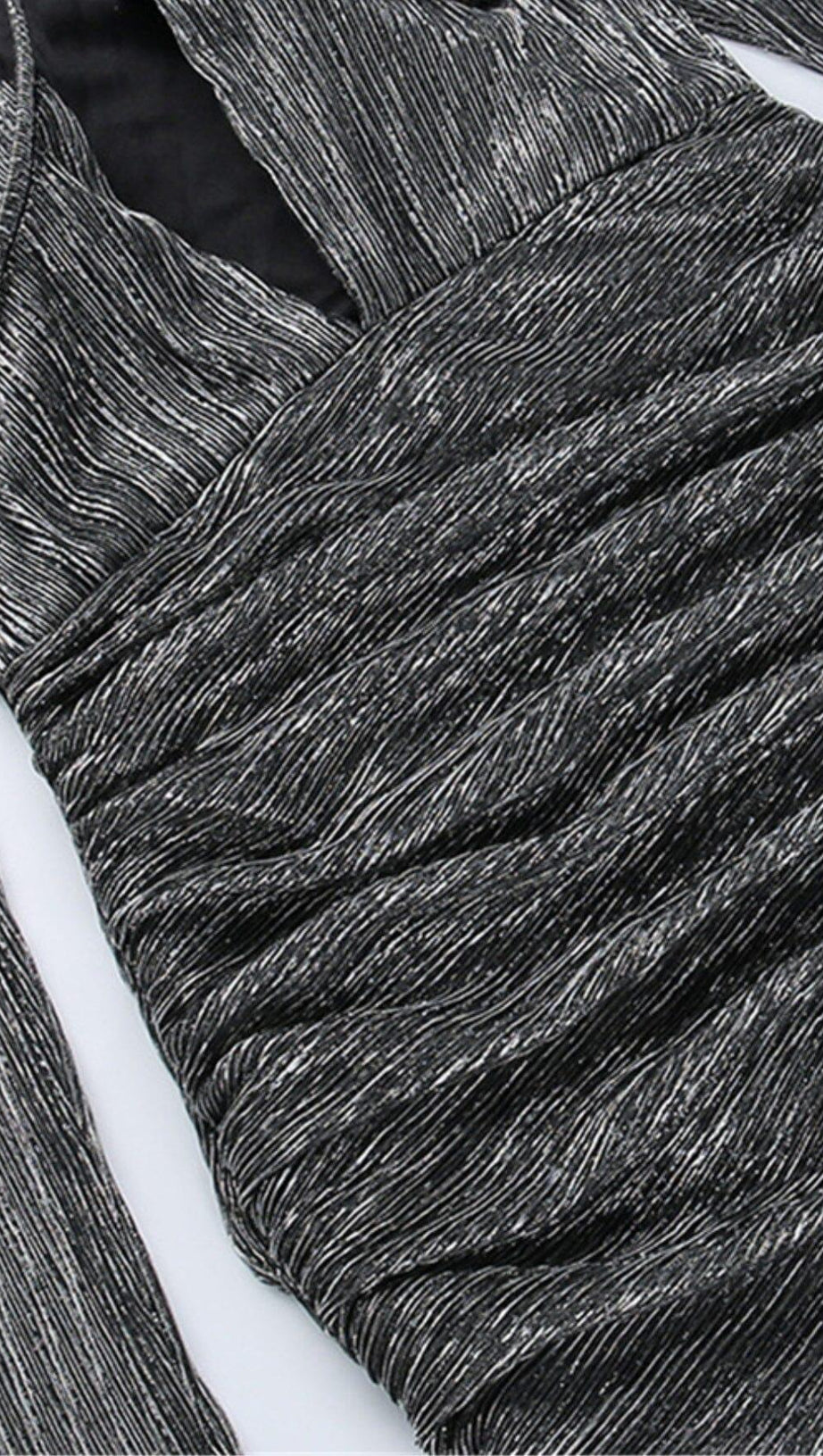 BLACK SILVER SILK DEEP V-NECK HIP WRAP MIDI DRESS