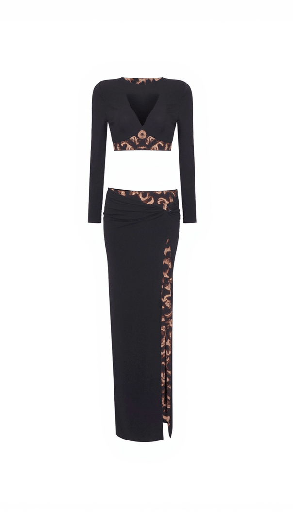 AIIZIE KITTO LONG SLEEVE LEOPARD SPLIT SKIRT SET - product image
