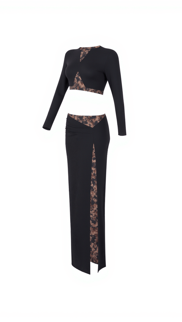 AIIZIE KITTO LONG SLEEVE LEOPARD SPLIT SKIRT SET - product image
