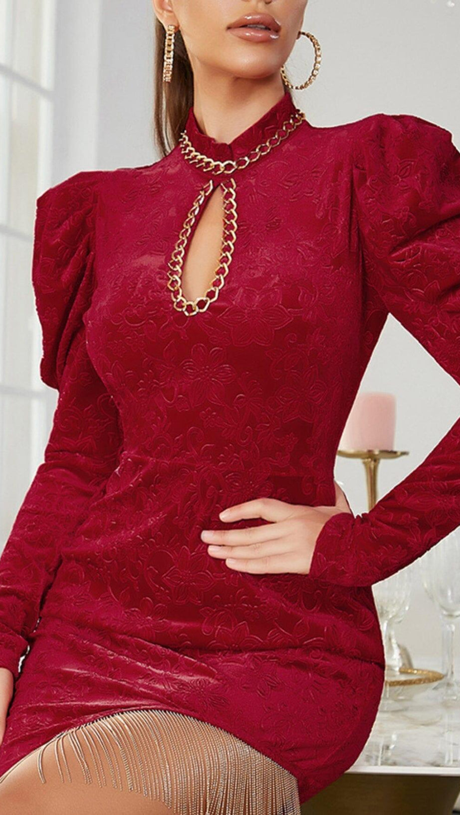 WINE RED CHINESE STYLE DARK GRAIN MINI DRESS