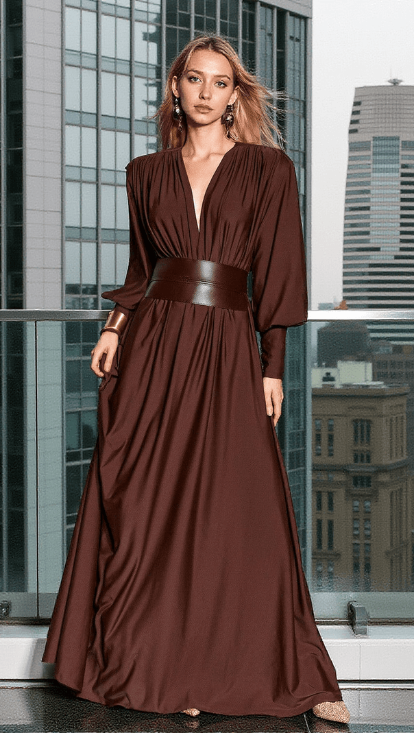 AIIZIE COSMO V NECK BELTED MAXI DRESS - product image