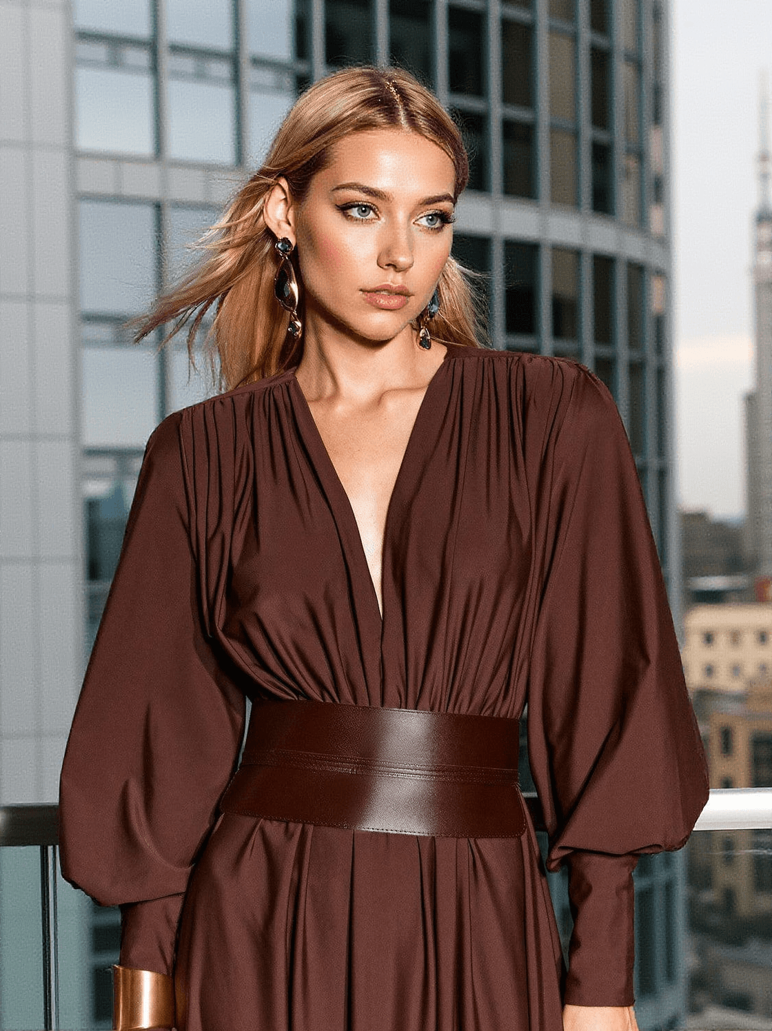 COSMO V NECK BELTED MAXI DRESS