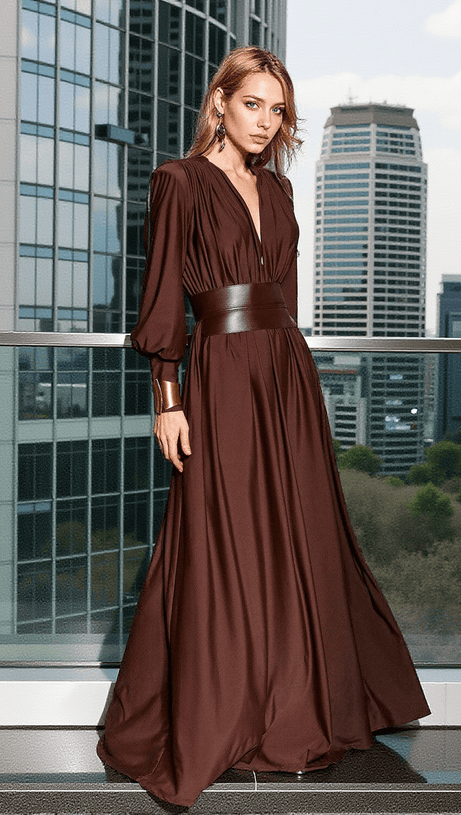 COSMO V NECK BELTED MAXI DRESS