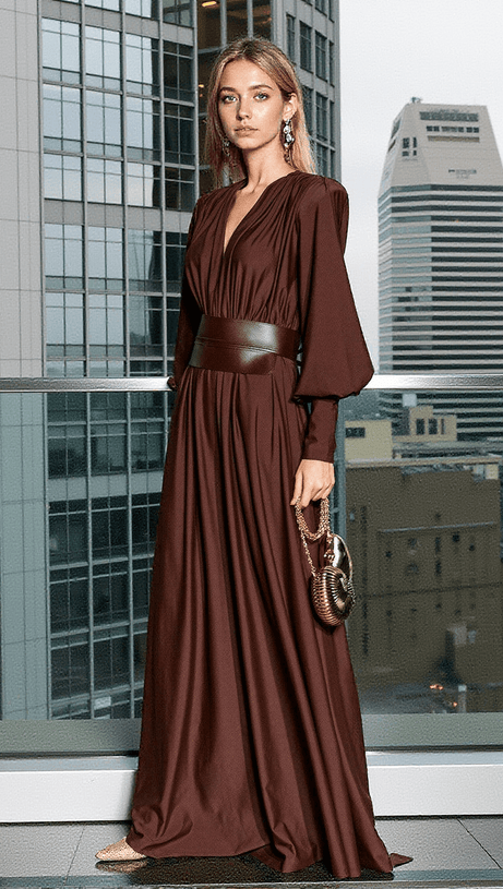 COSMO V NECK BELTED MAXI DRESS