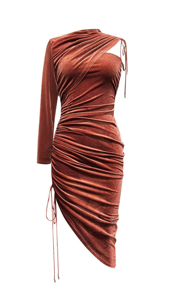AIIZIE BROWN VELVET DRAWSTRING HIP WRAP MIDI DRESS - product image