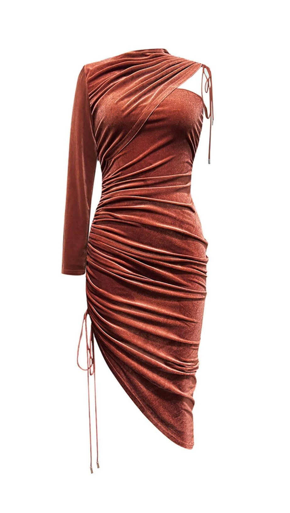 BROWN VELVET DRAWSTRING HIP WRAP MIDI DRESS