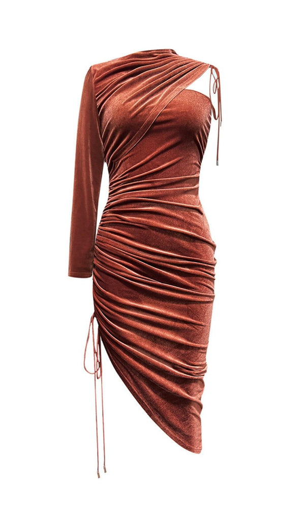 BROWN VELVET DRAWSTRING HIP WRAP MIDI DRESS