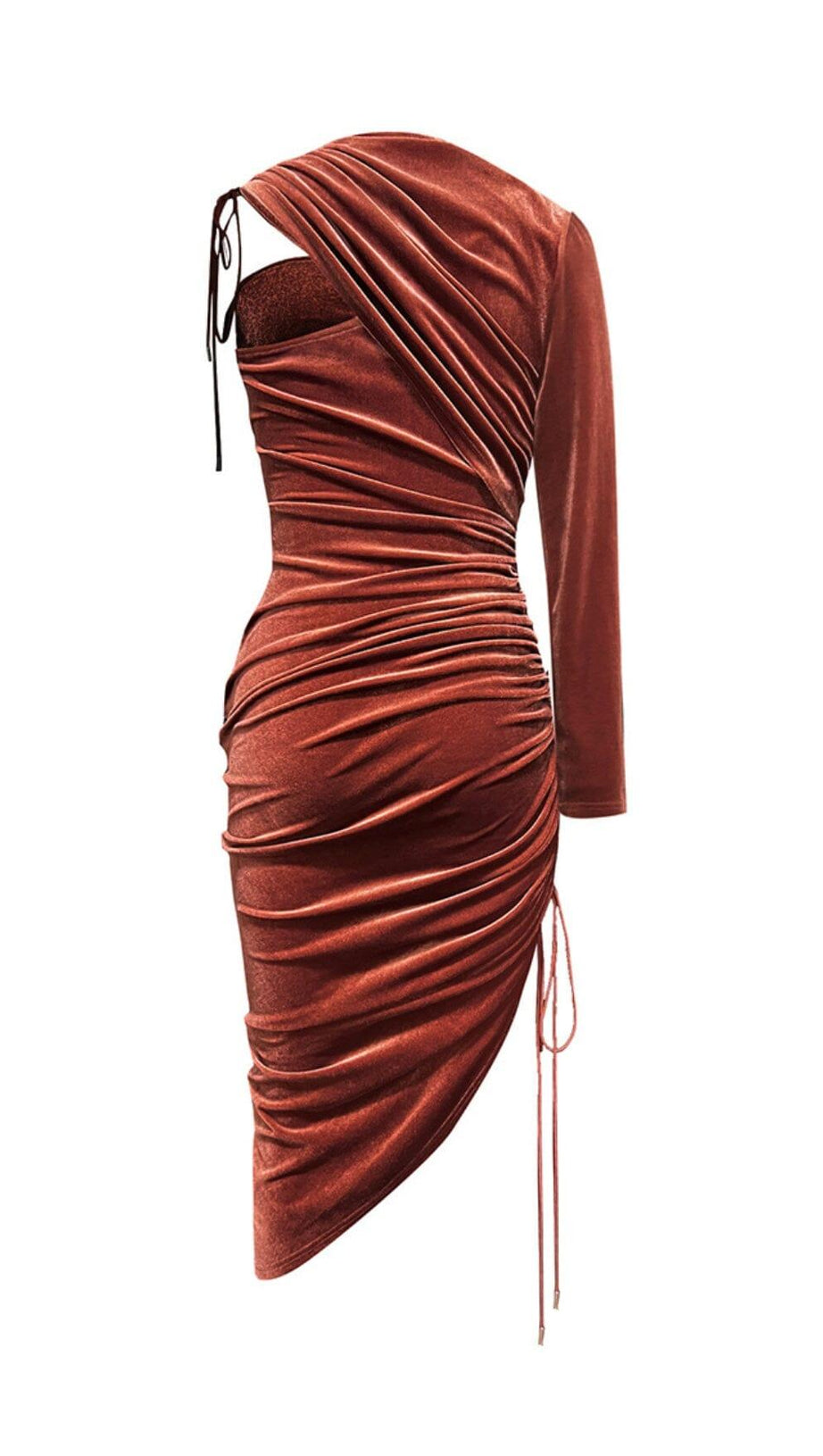 BROWN VELVET DRAWSTRING HIP WRAP MIDI DRESS