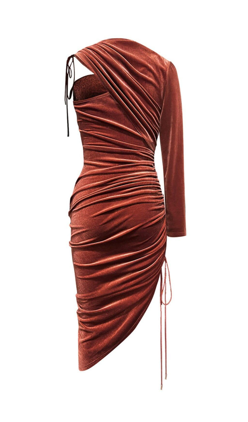 BROWN VELVET DRAWSTRING HIP WRAP MIDI DRESS