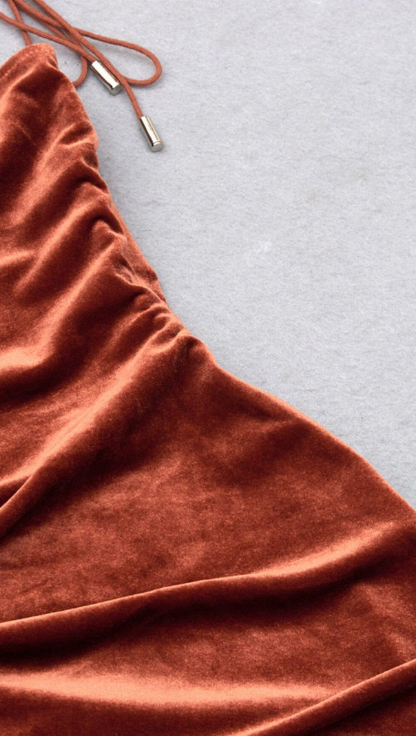 AIIZIE BROWN VELVET DRAWSTRING HIP WRAP MIDI DRESS - product image