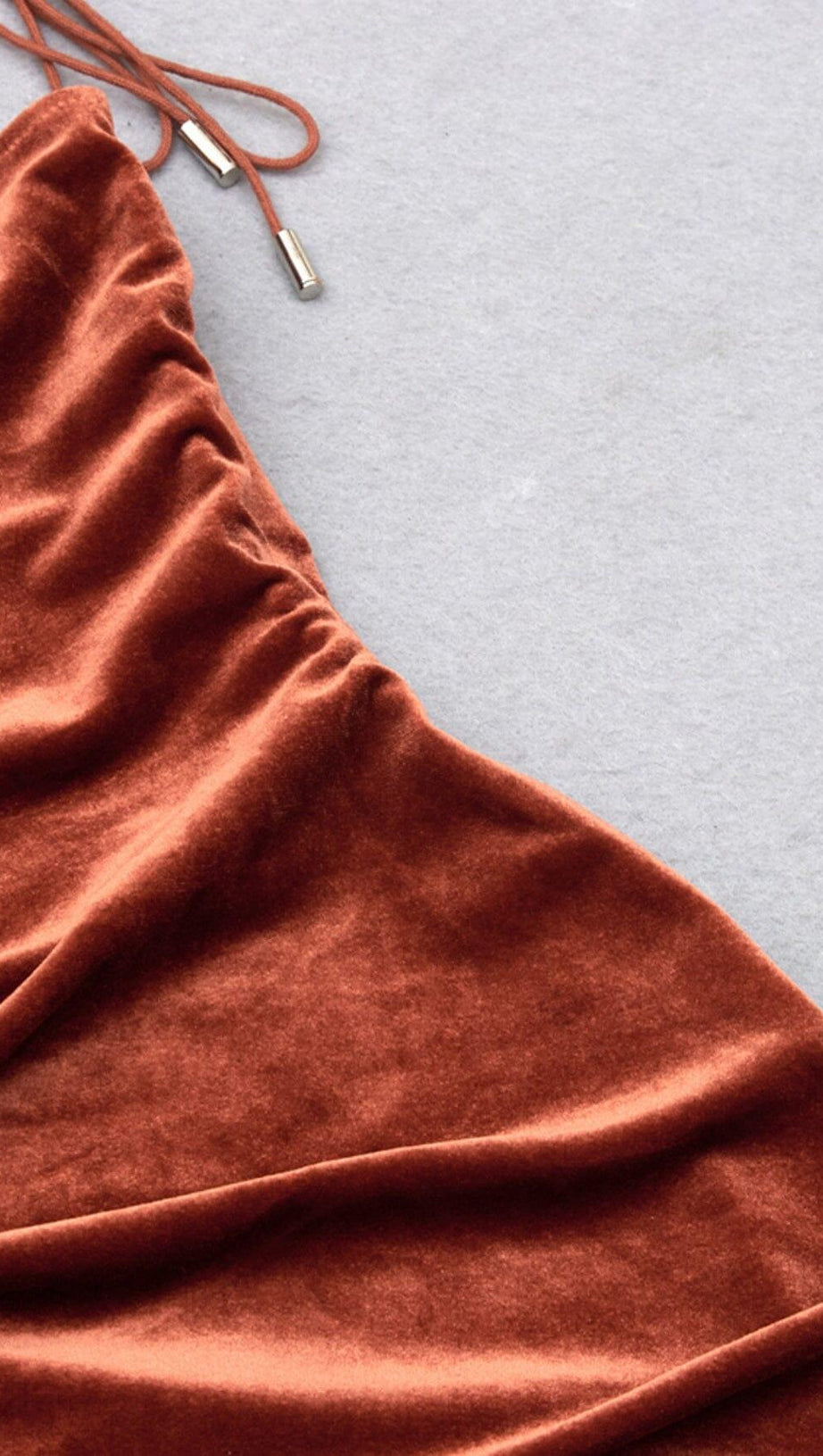 BROWN VELVET DRAWSTRING HIP WRAP MIDI DRESS