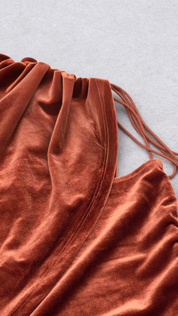 AIIZIE BROWN VELVET DRAWSTRING HIP WRAP MIDI DRESS - product image