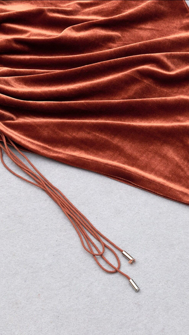 AIIZIE BROWN VELVET DRAWSTRING HIP WRAP MIDI DRESS - product image