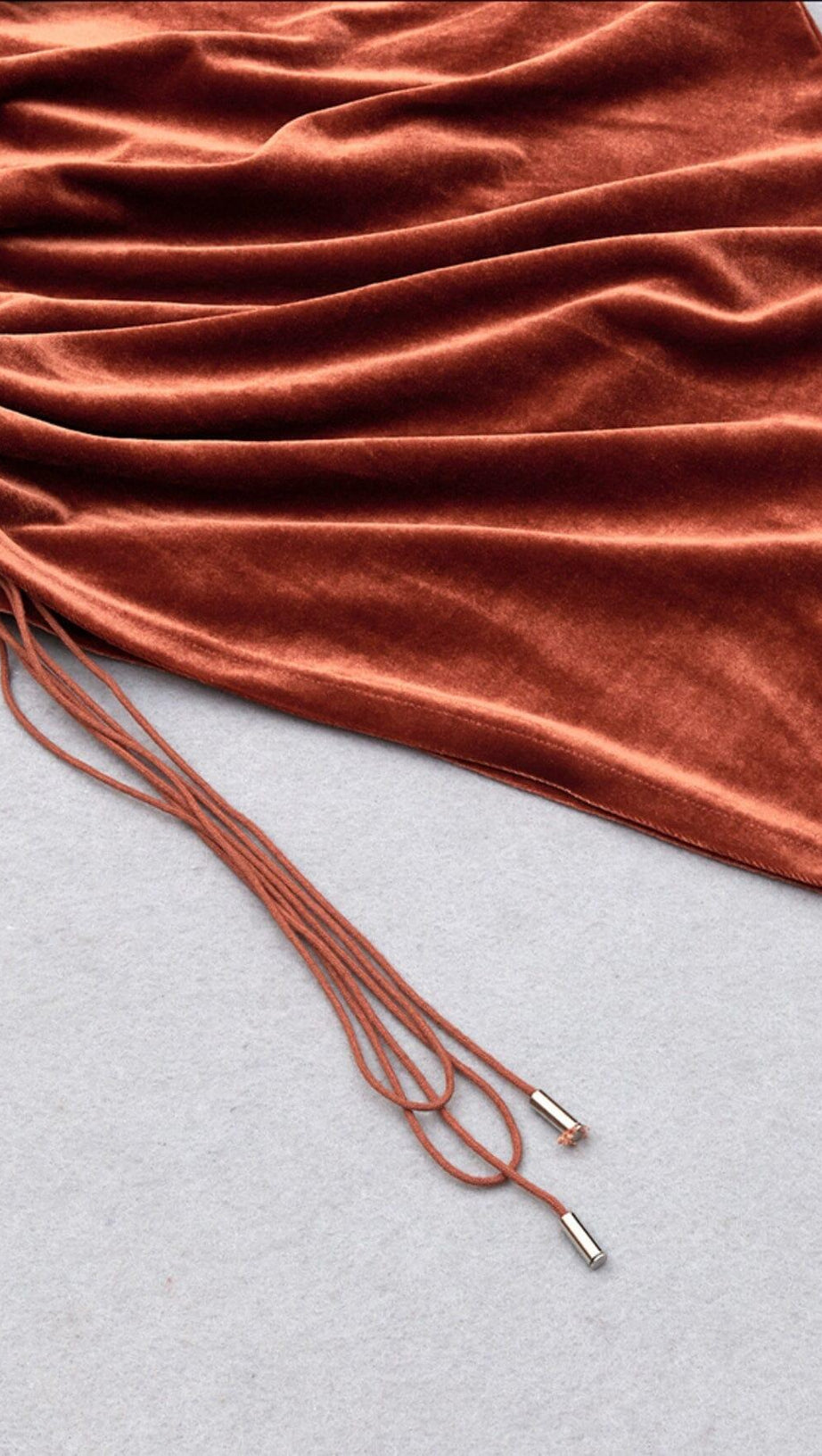 BROWN VELVET DRAWSTRING HIP WRAP MIDI DRESS