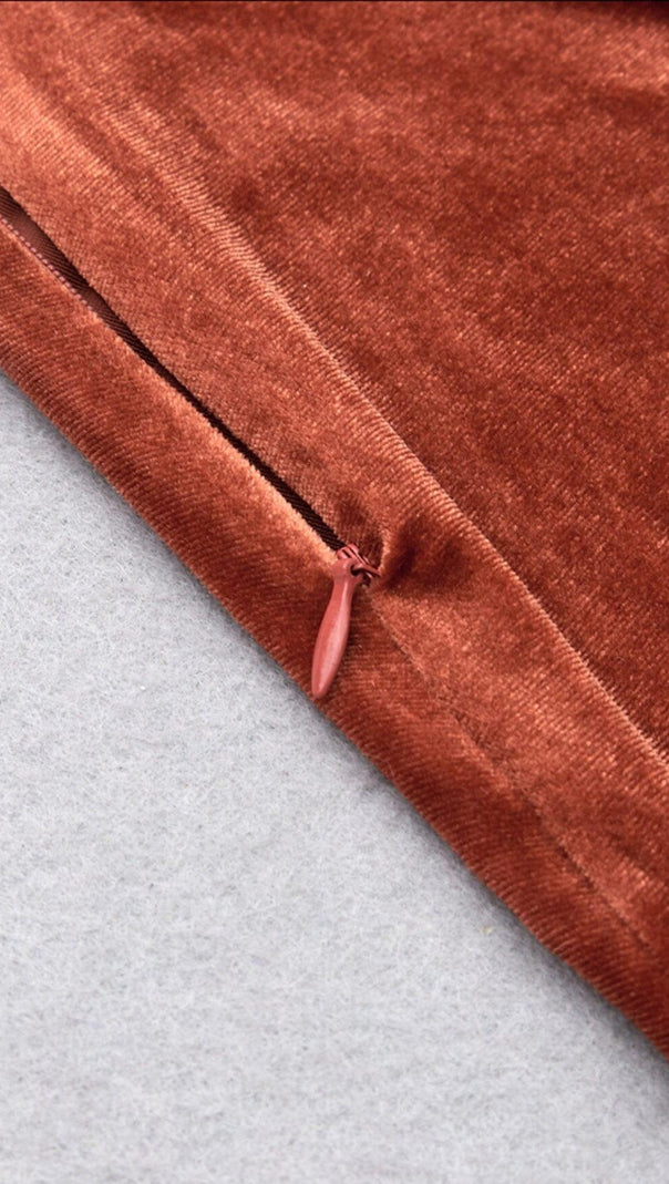 AIIZIE BROWN VELVET DRAWSTRING HIP WRAP MIDI DRESS - product image