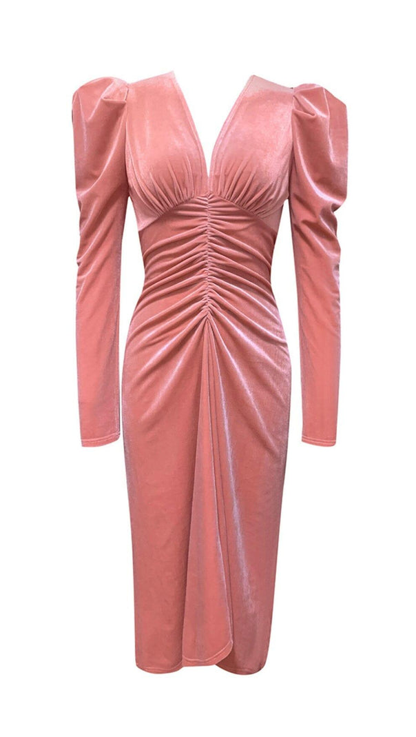 AIIZIE PINK LEG SLEEVE V-NECK VELVET DRESS - product image