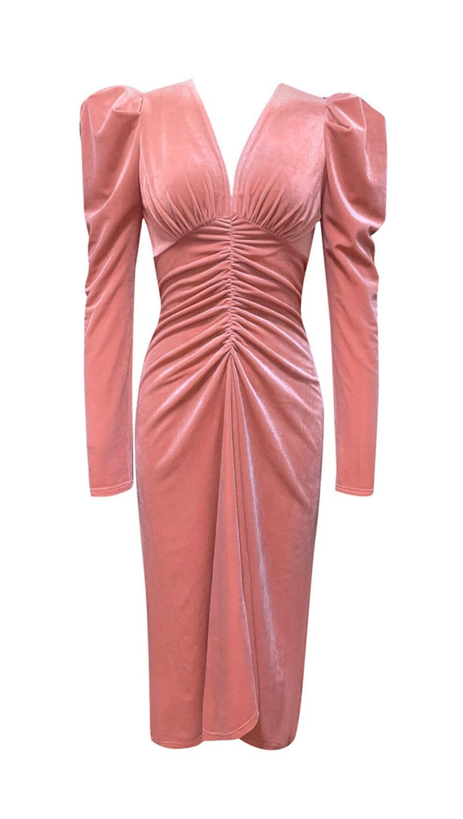PINK LEG SLEEVE V-NECK VELVET DRESS