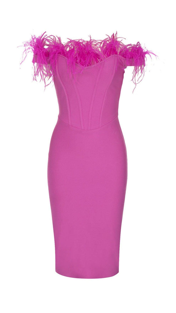 AIIZIE PINK OSTRICH HAIR SHOULDER BODYCON DRESS - product image