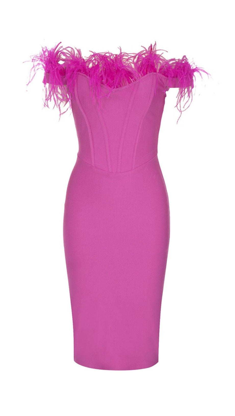PINK OSTRICH HAIR SHOULDER BODYCON DRESS