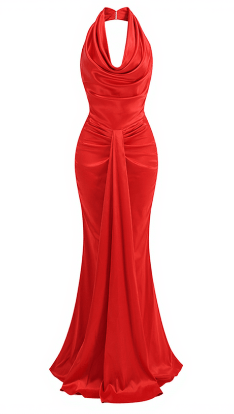 ALAMO HALTERNECK DRAPED SATIN DRESS