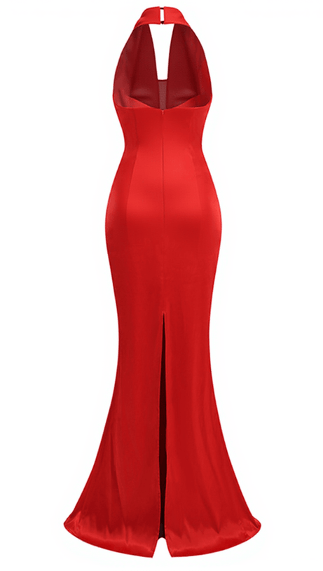 ALAMO HALTERNECK DRAPED SATIN DRESS