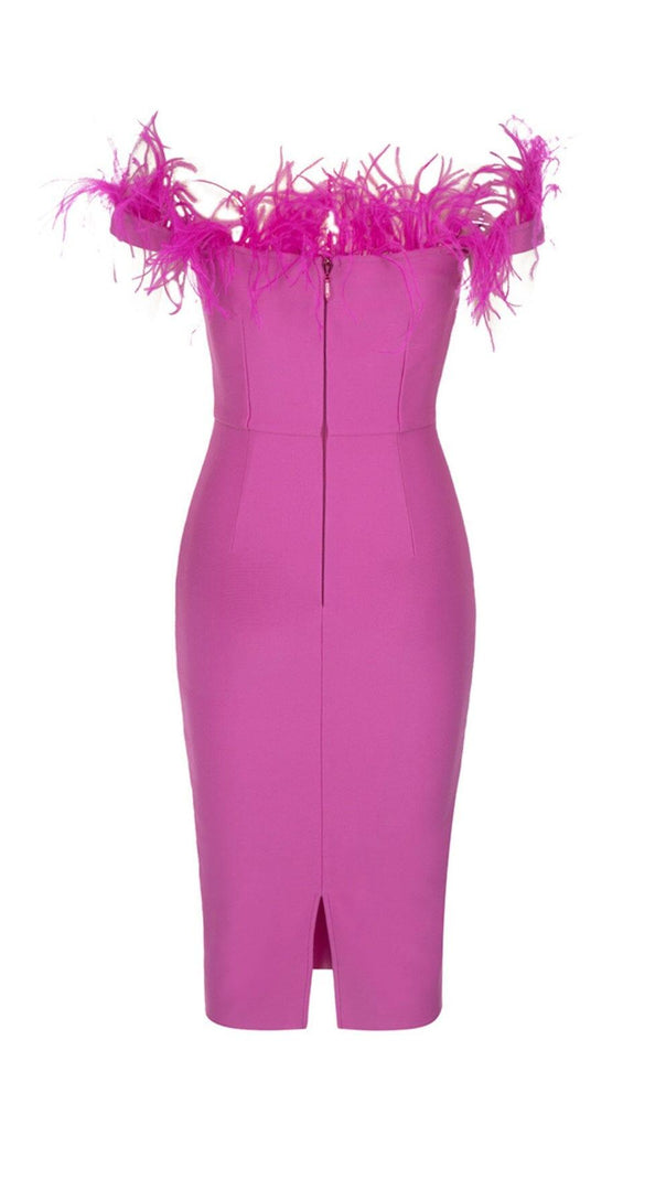 AIIZIE PINK OSTRICH HAIR SHOULDER BODYCON DRESS - product image