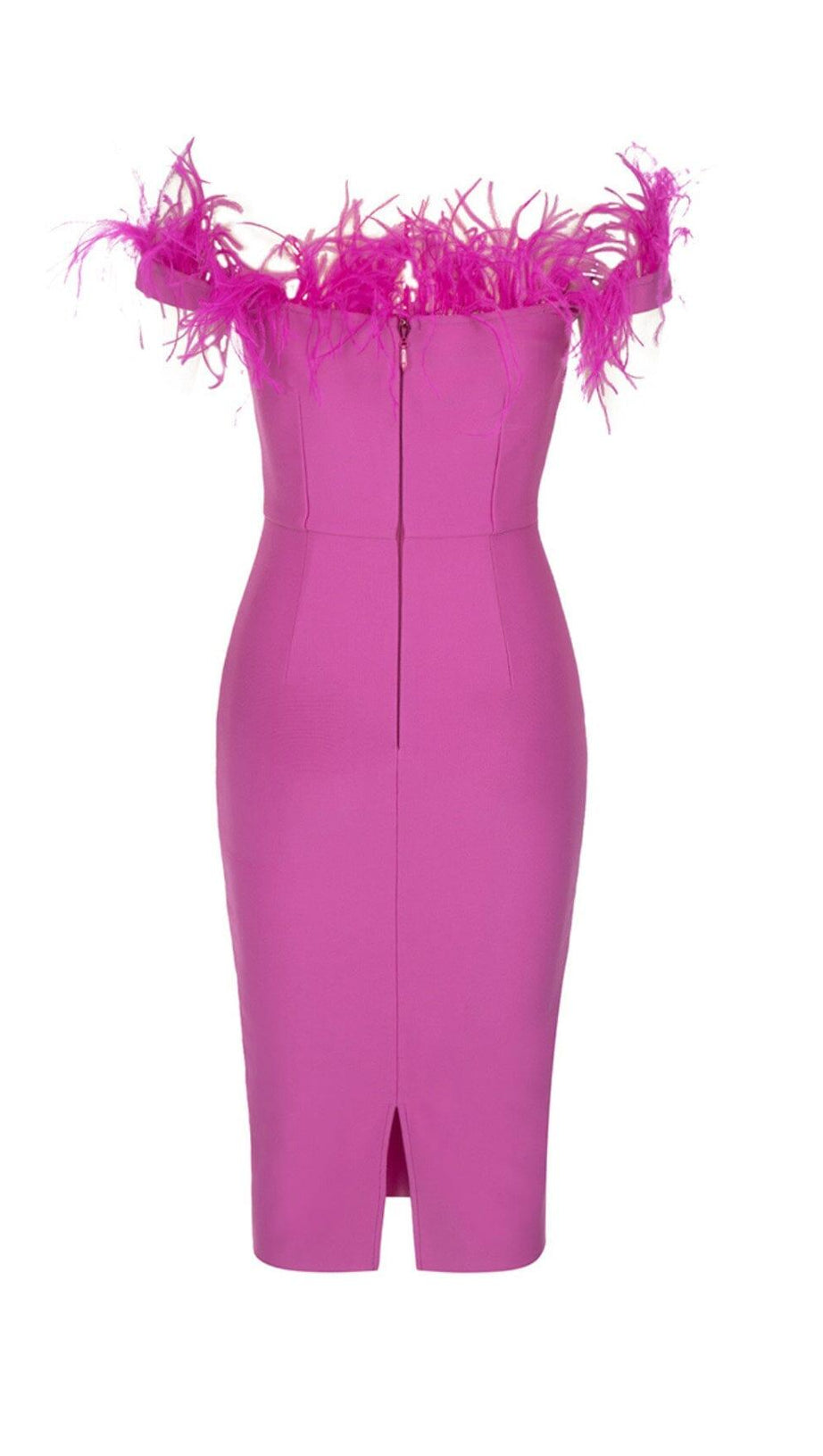 PINK OSTRICH HAIR SHOULDER BODYCON DRESS