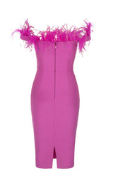 PINK OSTRICH HAIR SHOULDER BODYCON DRESS