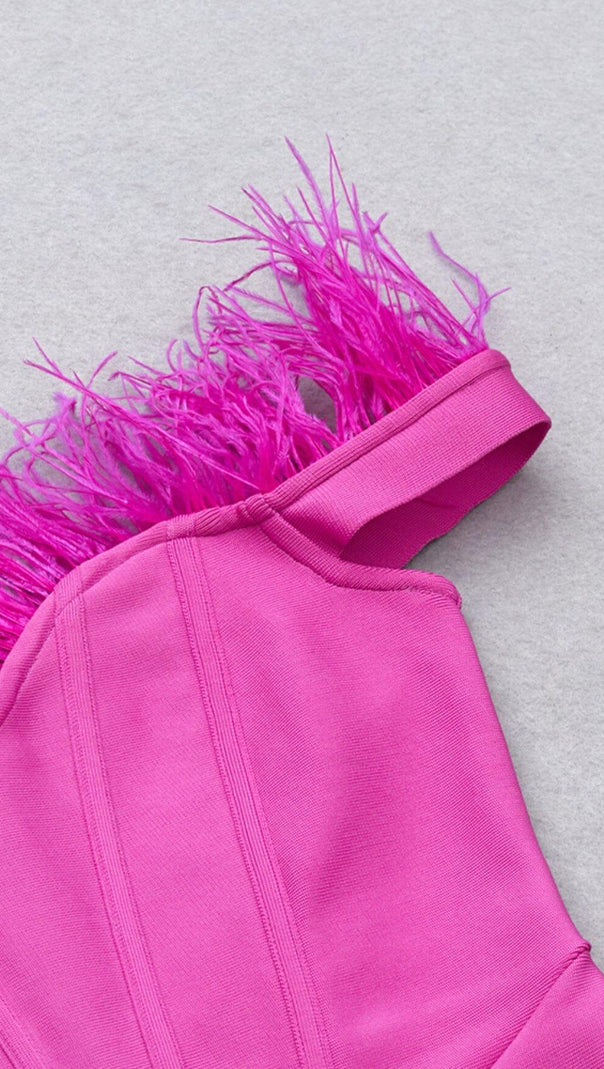 AIIZIE PINK OSTRICH HAIR SHOULDER BODYCON DRESS - product image
