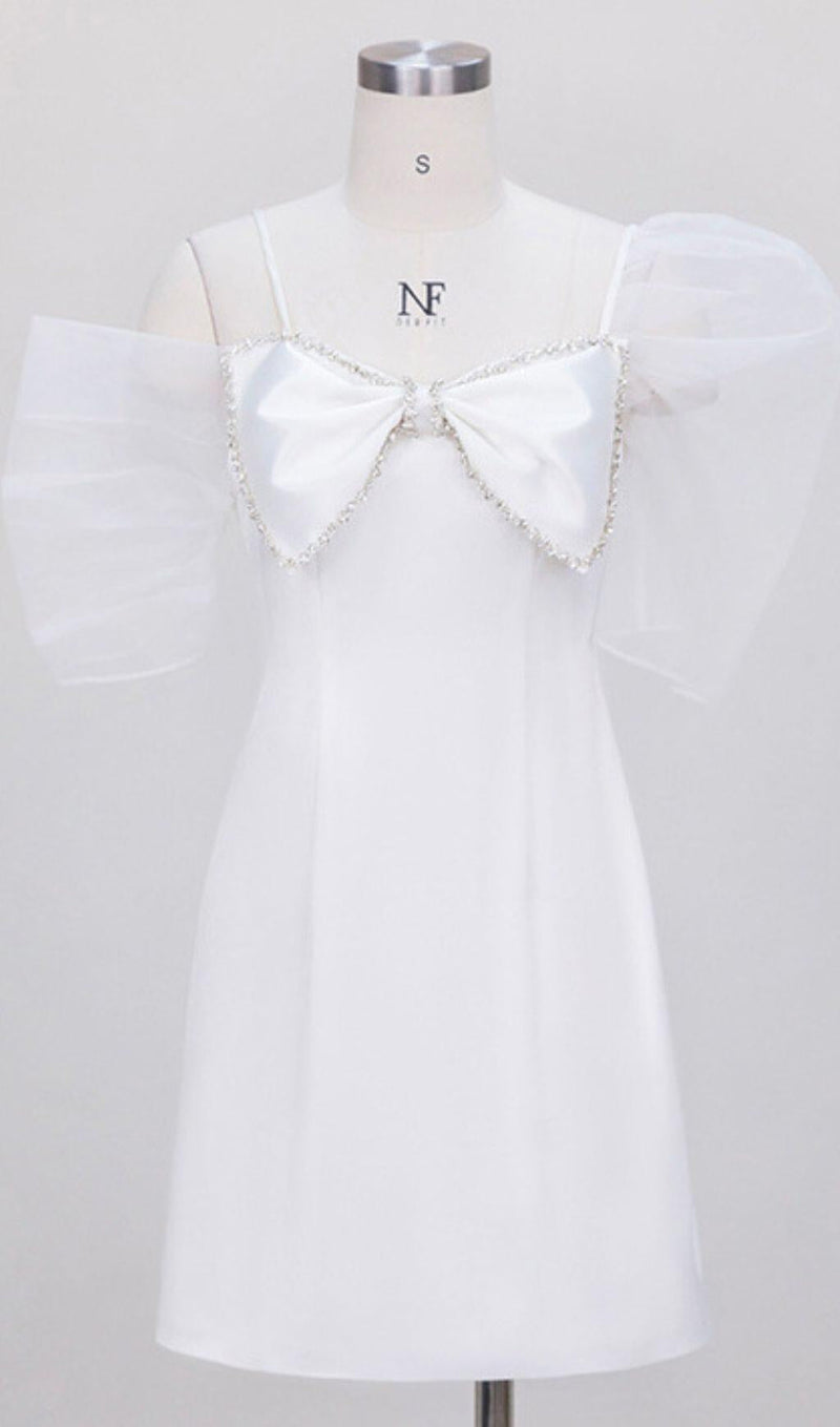 WHITE PUFF SLEEVE BOW DRESS