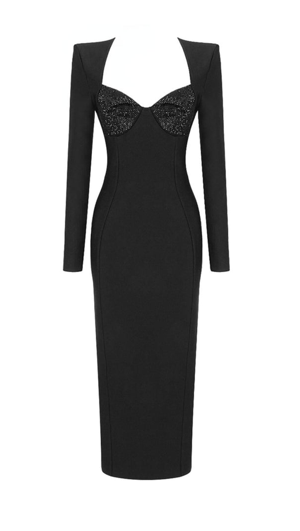 AIIZIE BLACK SQUARE NECK RHINESTONE BODICE MIDI DRESS - product image