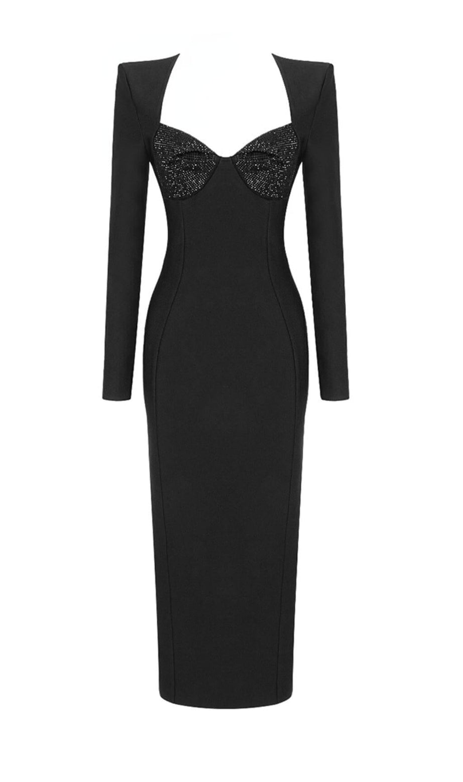 Schwarzes Midikleid mit quadratischem Halsausschnitt und Strassbesatz
