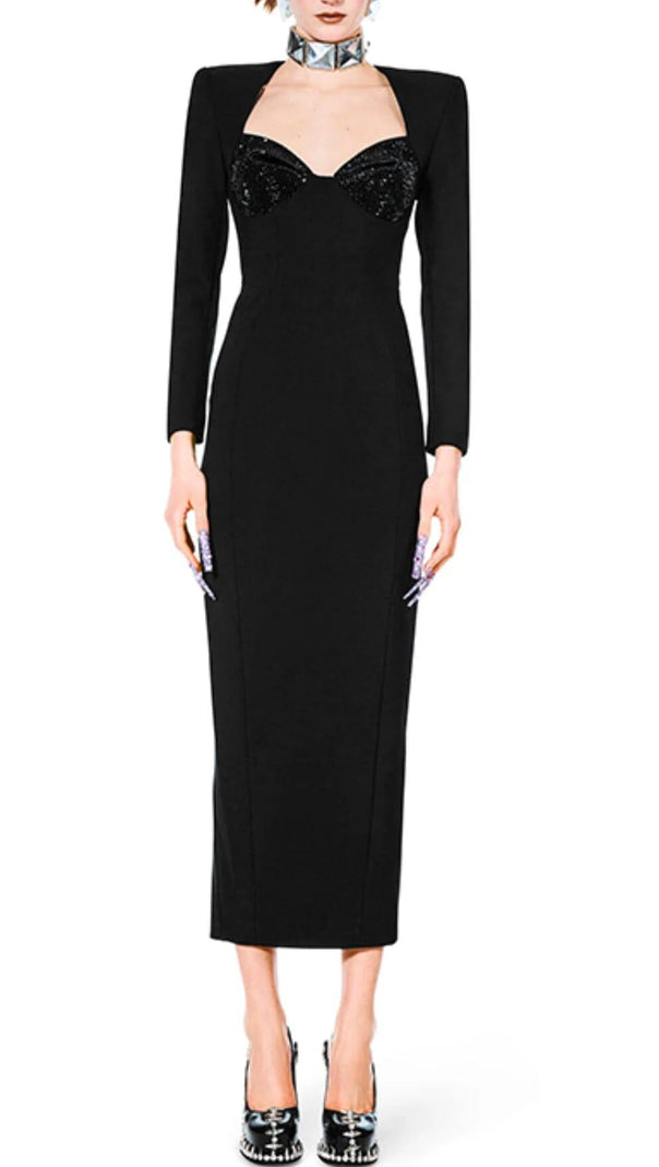 AIIZIE BLACK SQUARE NECK RHINESTONE BODICE MIDI DRESS - product image