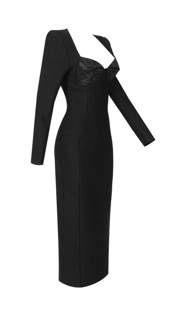 AIIZIE BLACK SQUARE NECK RHINESTONE BODICE MIDI DRESS - product image