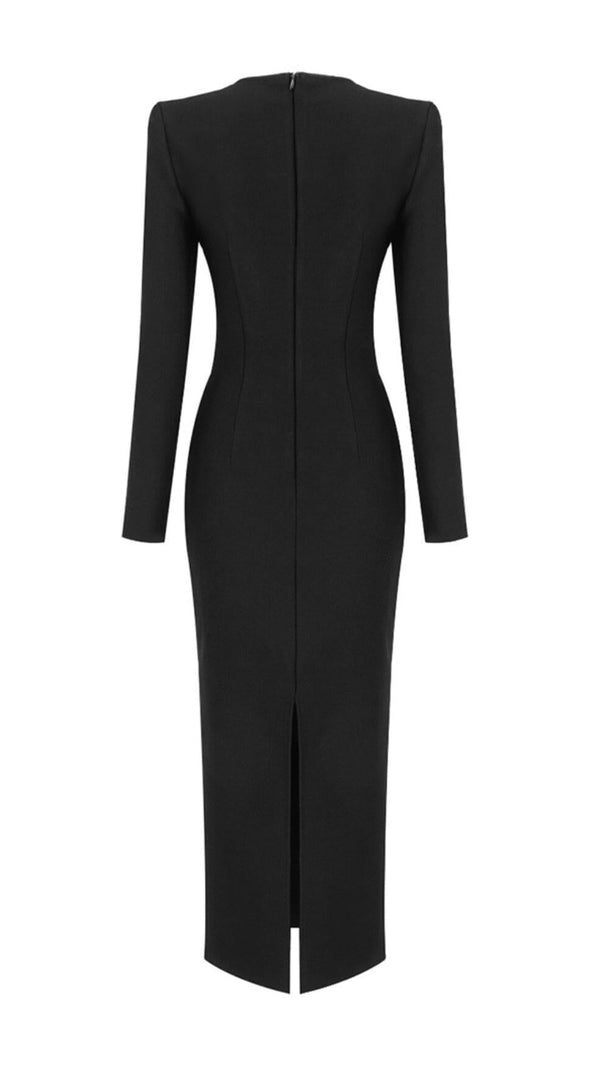 AIIZIE BLACK SQUARE NECK RHINESTONE BODICE MIDI DRESS - product image