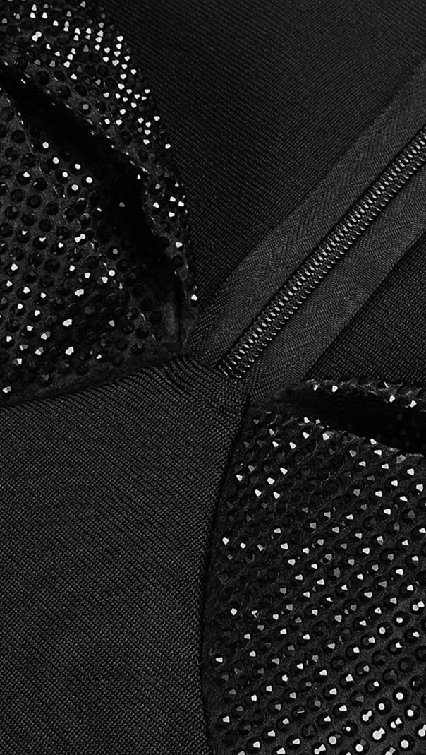 AIIZIE BLACK SQUARE NECK RHINESTONE BODICE MIDI DRESS - product image