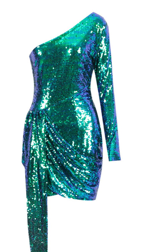GREEN SEQUIN ONE SHOULDER SEXY DRESS