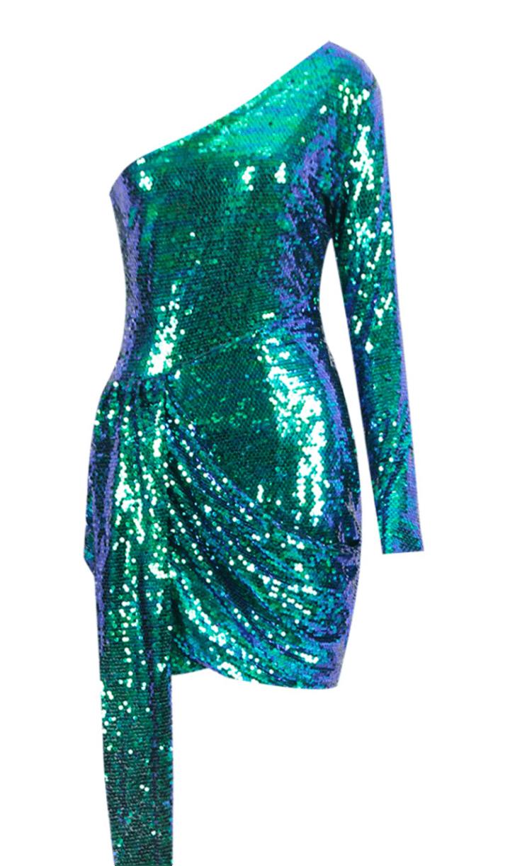 GREEN SEQUIN ONE SHOULDER SEXY DRESS