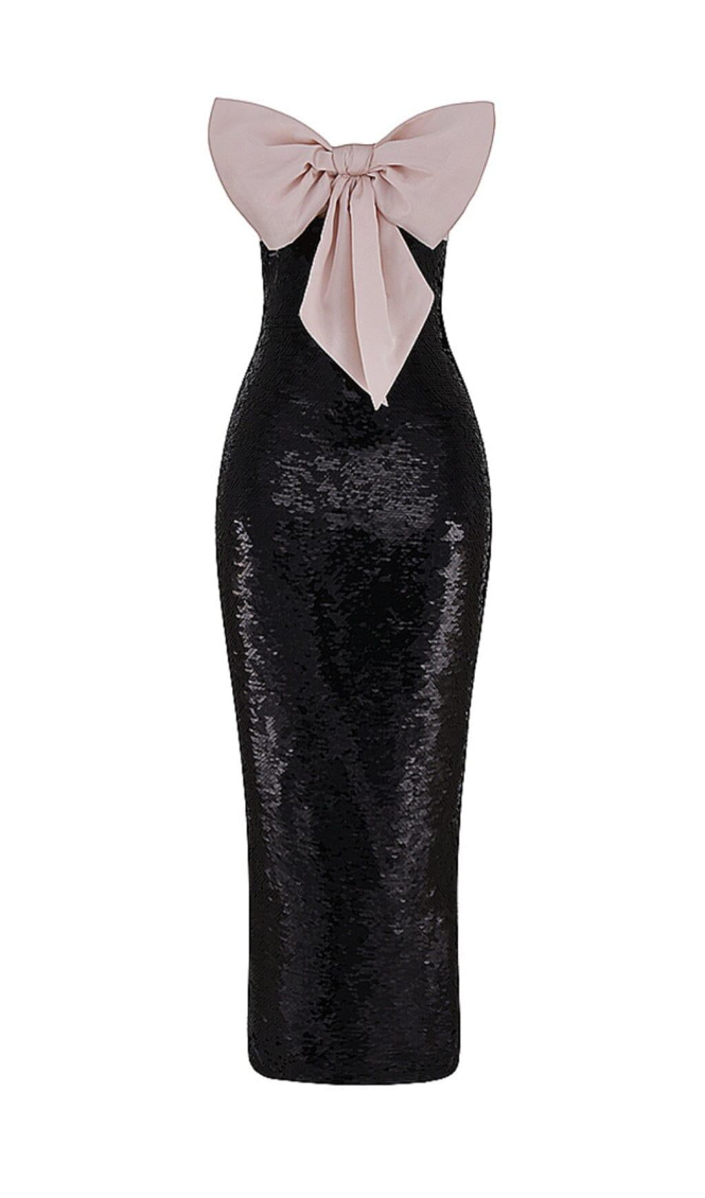 SCHWARZES TRÄGERLOSES KLEID MIT PAILLETTEN UND SCHLEIFE