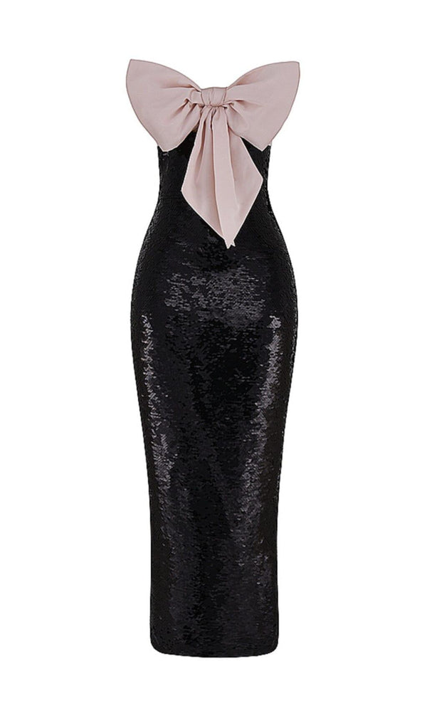 BLACK SEQUIN STRAPLESS BOW DRESS